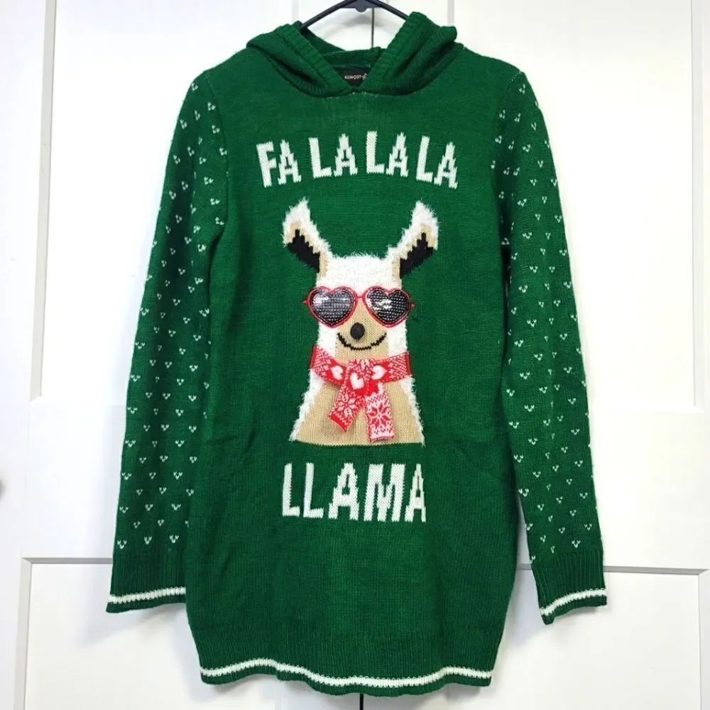 Almost Famous FA LA LA LA LLAMA ugly Christmas hooded sweater, large